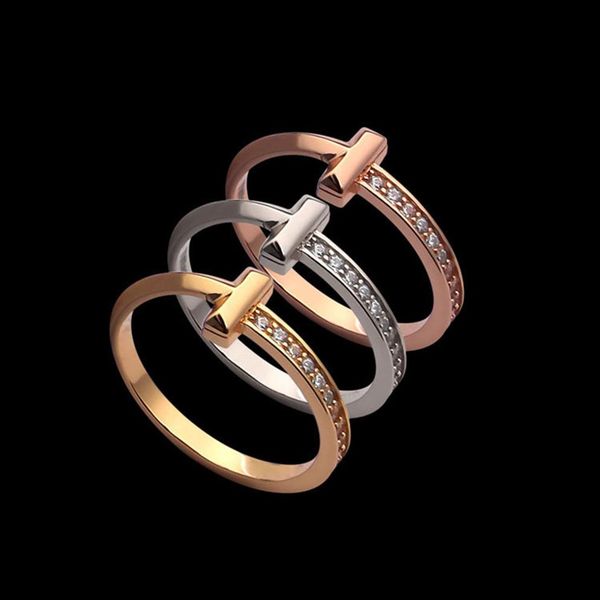 

original design great 925 quality luxury design t1 series jewelry men women stainless letter rings with half crystal lover fin288v, Silver