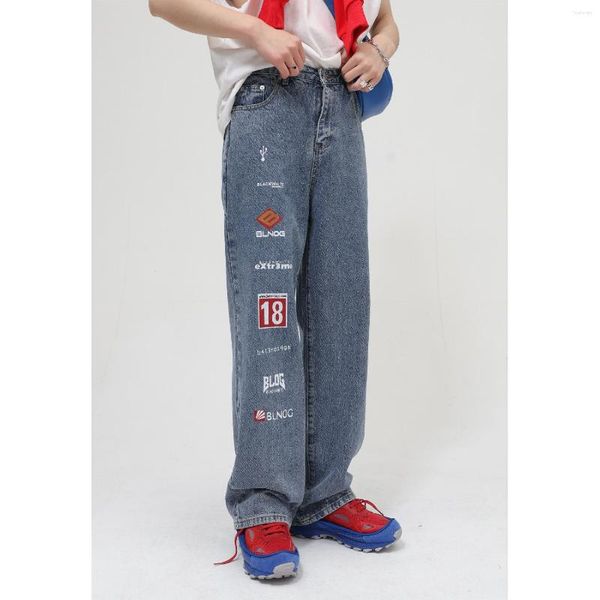 

men's jeans men korean loose letter printing design straight casual, Blue