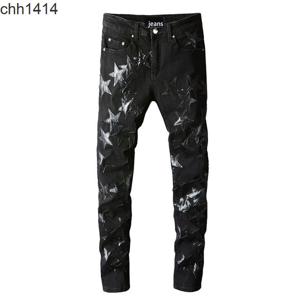 

high street fashion brand black five pointed star jeans for young men, Blue
