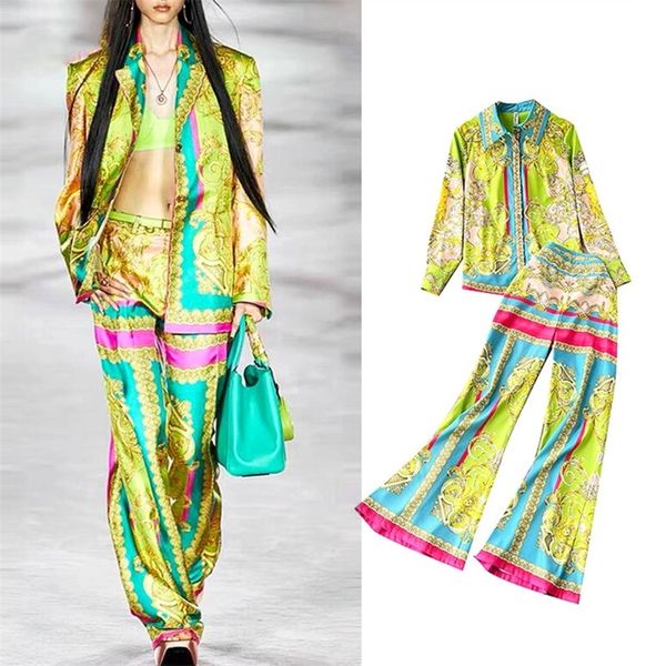 

women's two piece pants designer runway spring women's suits long sleeve printed shirt and long wide-legged pants woman clothes tr, White