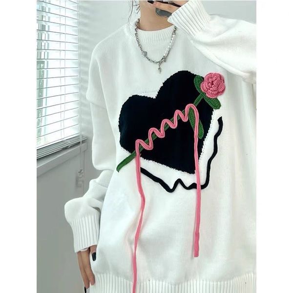 

women's knits tees romantic rose love sweater sweet flower pullovers y2k clothes for women knitted cute korean style fall 220912, White