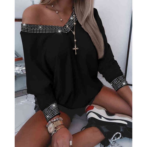 

women's autumn women rhinestone heart neck 2022 femme casual off shoulder long sleeve blouse chic lady party clothing y2k t220825, White
