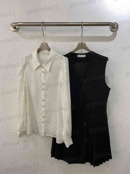 

designer womens dress two piece set jacquard shirt and vintage pleated tank dress fashion brand autumn women clothing 0912, Black;gray