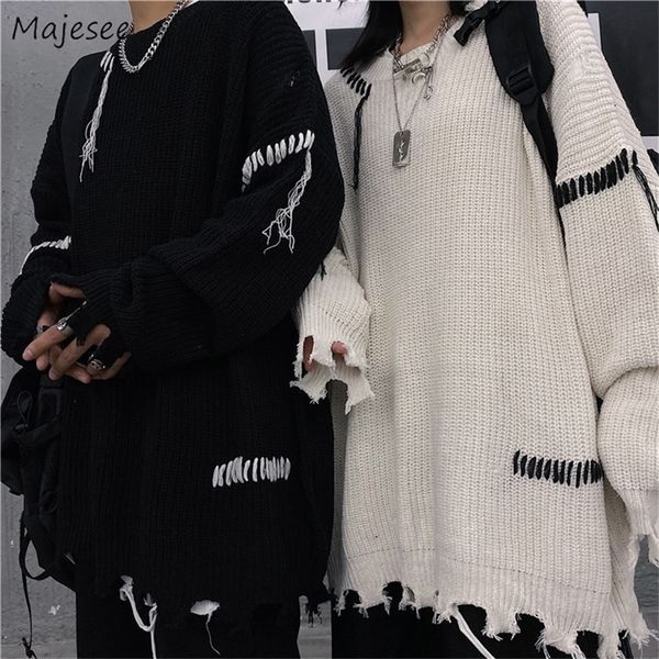 

men's sweaters men pullovers irregular hole designs harajuku fashion couples long sleeve knitwear round neck high street male autumn 22, White;black