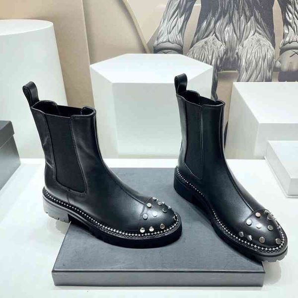 

boots boots short women's early autumn rivet round head british leather elastic mouthpiece cigarette chelsea martin msup, Black