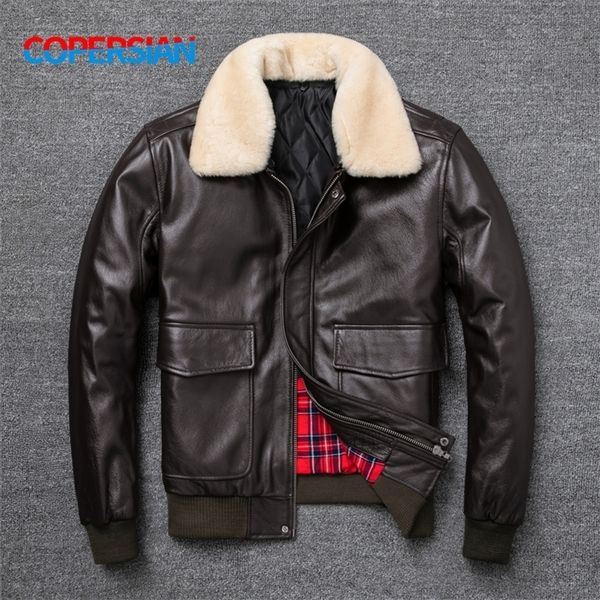 

men's leather faux flight jacket fur collar genuine layer cow men black brown coat winter 220913