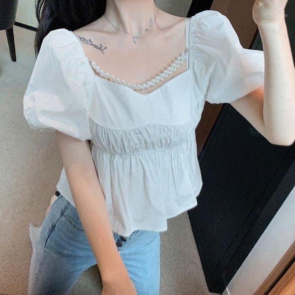 

women's blouses & shirts women's blouses & shirts summer square collar french style pearl shirt chic elegant white puff sleeve blo