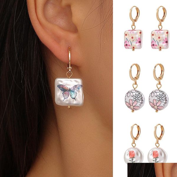 

dangle chandelier women fashion baroque pearl dangle earrings elegant 18k gold butterfly rose flower printed female ea dhseller2010 dhchb, Silver