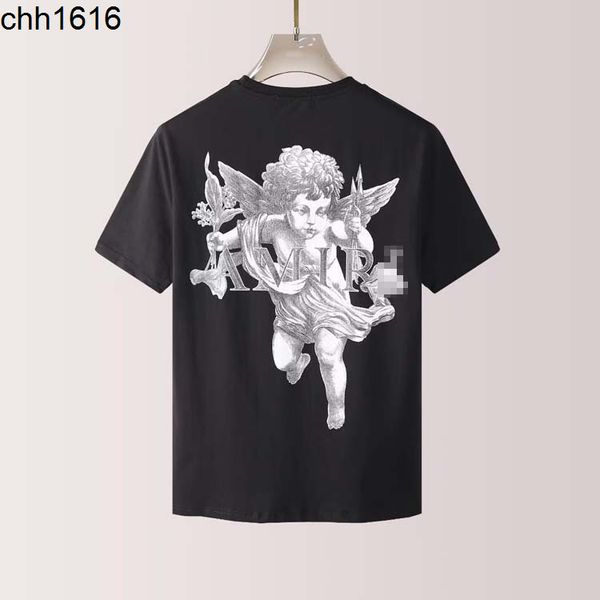

amirs letter back cupid print round neck short sleeve t-shirt, Black