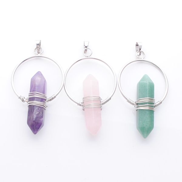 

women yoga jewelry natural stone healing pointed pendant for necklaces hexagonal column circle winding wire bullet bn395, Silver