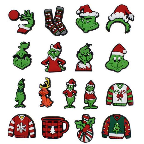 

green cartoon anime christmas hat croc charms soft rubber clog wristband decoration buckle beach shoe gift, White;pink