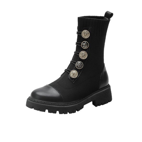 

boots winter fashion retro metal buckle knight martin shoes thick heeled pu leather cloth stitching women s 220913, Black