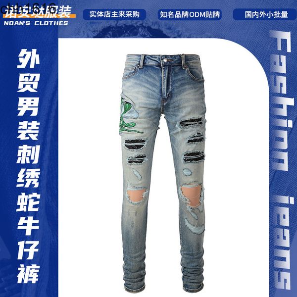 

amirs men pleated color matching jeans blue embroidery holes snake skin slim fit legged men pants 6561