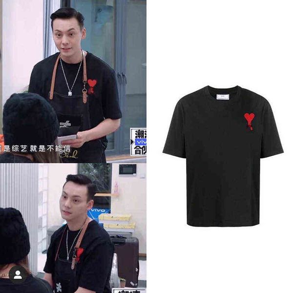 

women's blouses & shirts french fashion brand red heart embroidery short sleeve chen weiting same men's and women's love t-sh, Black