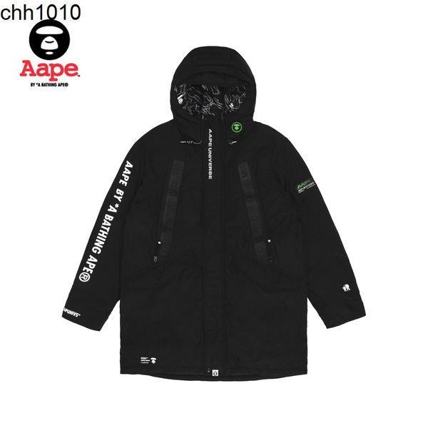 

apes men's autumn and winter color contrast ape face badge letter print long zipper hooded down jacket 7300xxd, Black