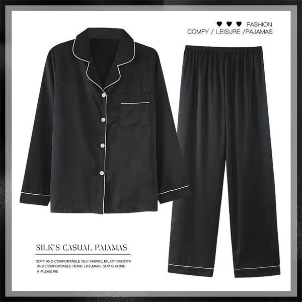 

women's sleepwear silk pajamas women's spring and summer long-sleeved trousers suit thin ice silk satin ladies home service large, Black;red