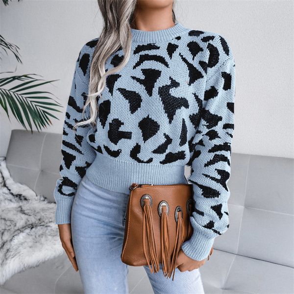 

women s sweater sweater autumn winter leopard pattern knitwear long sleeve round neck slim pullovers ladies fashion streetwear 220913, White;black