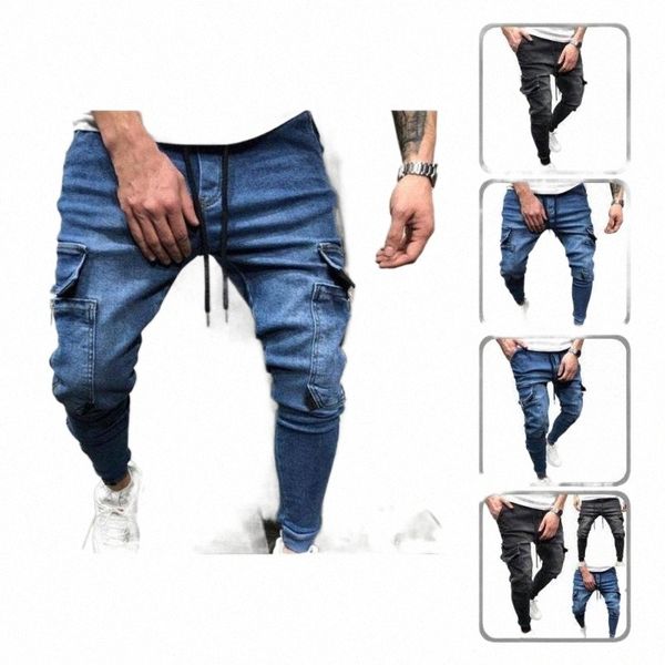 

men's jeans men's jeans casual stylish multi pockets ankle-banded pencil pants skin-friendly men for going out u420#, Blue