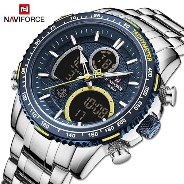 

wristwatches naviforce men watch luxury brand sport watch for men digital chronograph quartz wristwatch military waterproof steel band clock, Slivery;brown