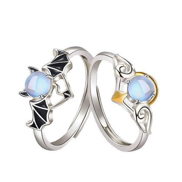 

creative angel and devil moonstone ring fashion opening adjustable male and female couple rings, Golden;silver