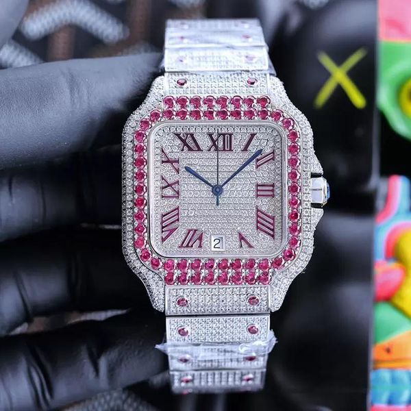 

full colored diamond mens watch automatic mechanical watches 40mm with diamond-studded steel bracelet wristwatch business montre de luxe, Slivery;brown