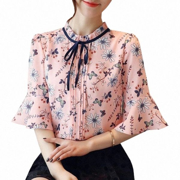 

women's blouses & shirts women's blouses & shirts floral print chiffon blouse 2022 summer women casual loose flare sleeve elegant, White