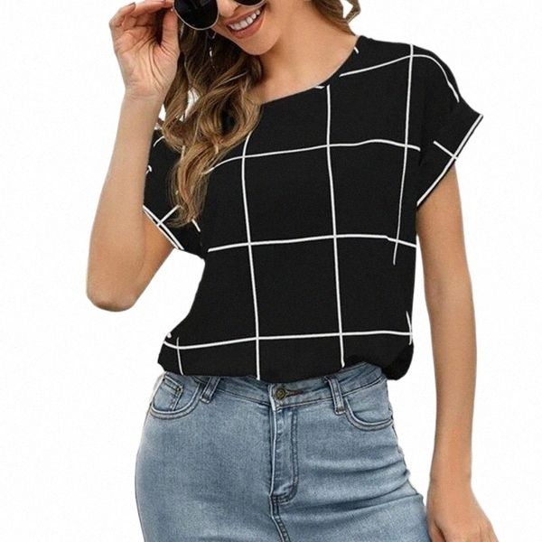 

women's blouses & shirts women's blouses & shirts elegant plaid blouse casual lattice print o-neck short sleeve pullover loose lad, White