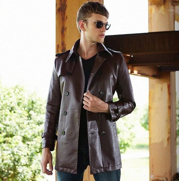 

men's fur & faux fur men's fur & faux men double-breasted leather jacket long pu coat windbreaker fleece male s4mf#, Black