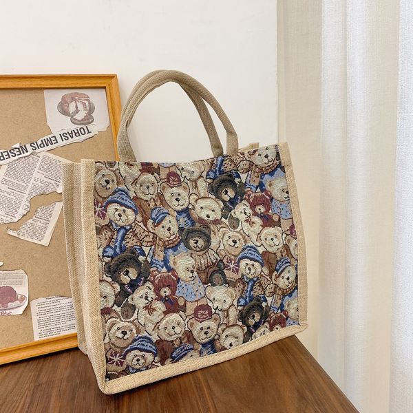 

hbp shoulder bags 2022 new bear print cotton linen handbag fashion large-capacity student tote wallet casual wild shopping bag messenger bag
