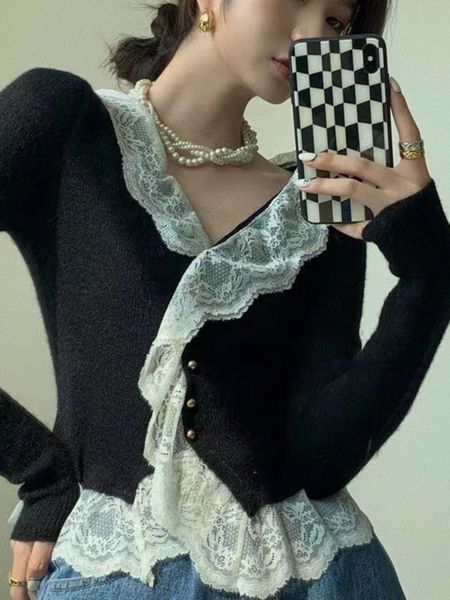 

women's knits tees deeptown y2k elegant lace knitted sweater women v neck jumper slim all match long sleeve cropped pullover streetwea, White