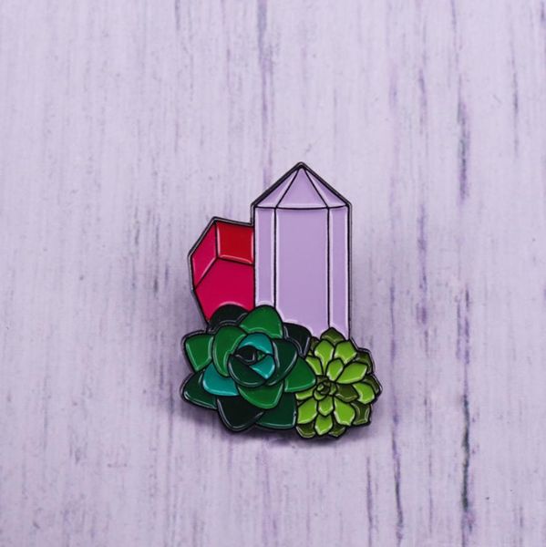 

crystal quartz and leaves enamel pin brooch badge bag clothes accessory, Blue