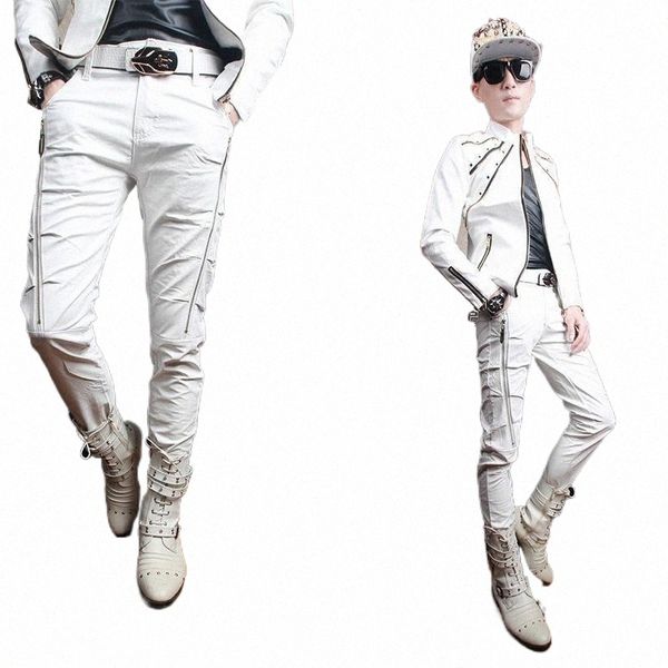 

men's pants men's pants europe and the united states motorcycle leather white slim feet men 825t#, Black