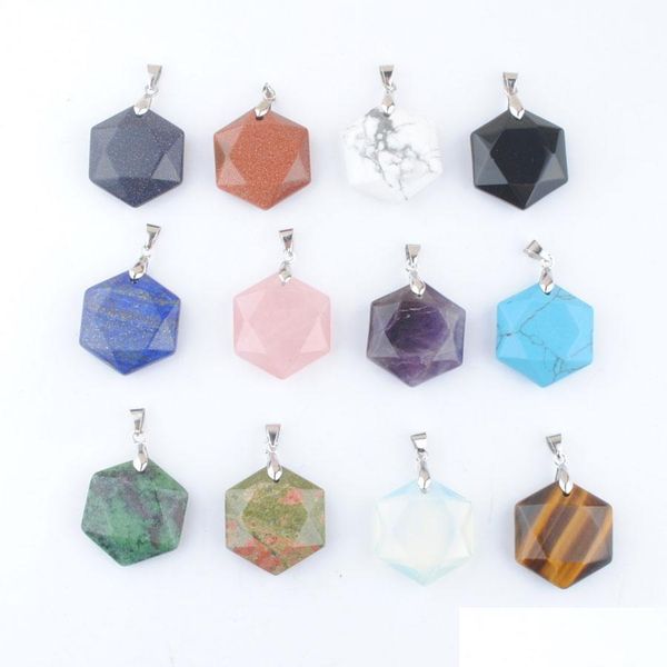

pendant necklaces faceted polygon shape stone pendants natural zoisite jasper turquoises black agate amethyst opal crystal newdhdhqnd, Silver