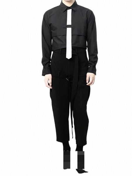 

men's pants men's pants fashion trend singer hair stylist style yamamoto nine point casual multi-layer belt design large clothing, Black