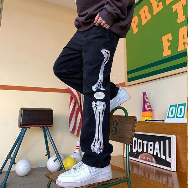 

men's jeans kapments men baggy y2k skeleton pants 2022 mens graphic wide leg denim trousers male japanese streetwear joggers 5xl, Blue
