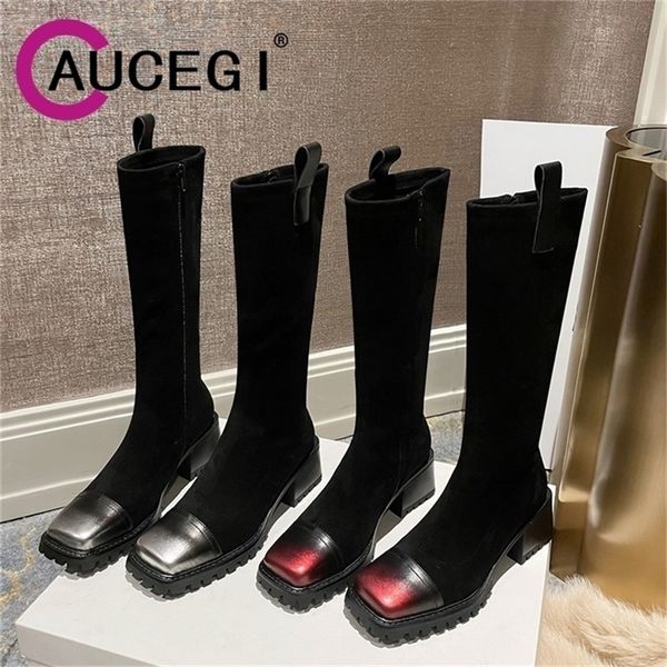 

boots aucegi fall winter knee high women block heels delicate square toe slim genuine leather patchwork flock party shoes 220913, Black