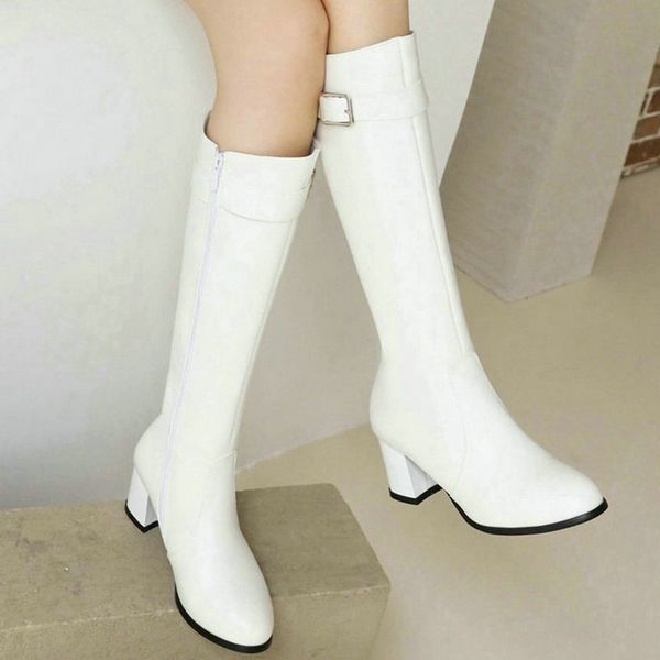 

boots black white women knee high comfortable square heel round toe ladies calf pu leather side zipper women s 220913
