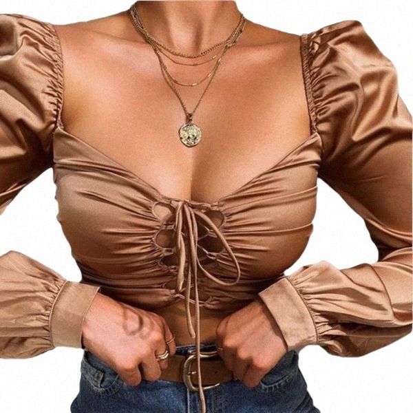 

women's blouses & shirts women's blouses & shirts women solid color hollow out lace-up front puff sleeve v-neck elegant fashion la, White