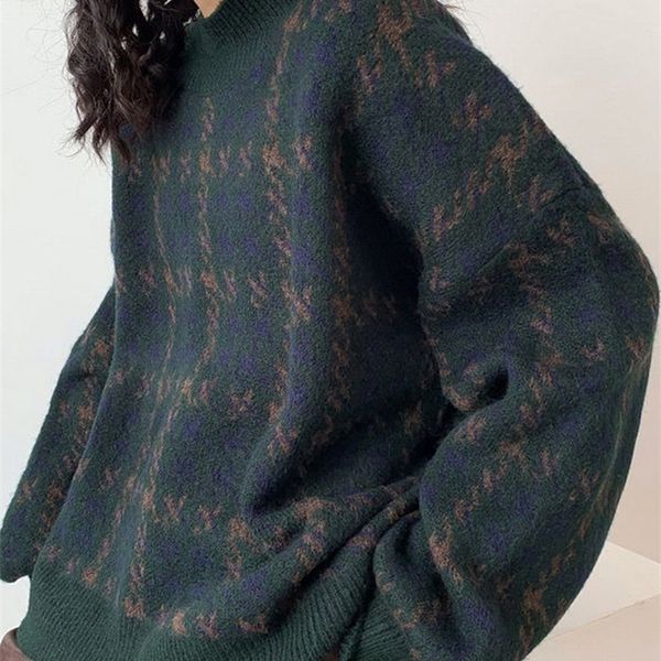 

women's knits tees winter knitted sweater plaid casual vintage oversized women elegant loose long sleeve pullover female jumpers 220912, White