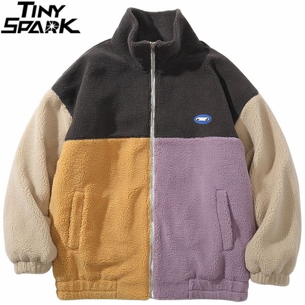 

men's jackets hip hop streetwear coat color block patchwork furry harajuku cotton casual men winter outwear 220913, Black;brown