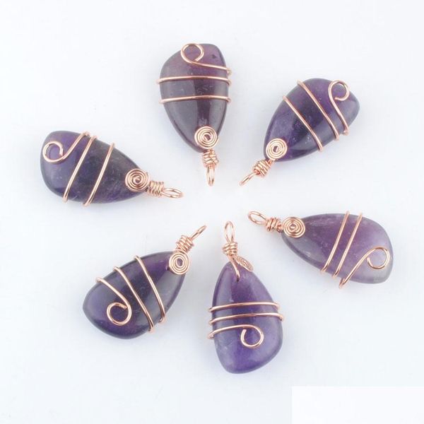 

pendant necklaces wholesale natural gemstone amethyst copper wire wrap pendant irregar geometric bead rose gold color dangle lulubaby dhtfb, Silver