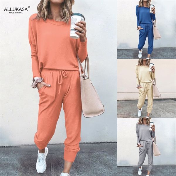 

women's two piece pants women 's fashion loose solid color long-sleeved t-shirt trousers casual sports suit spring and autumn two, White