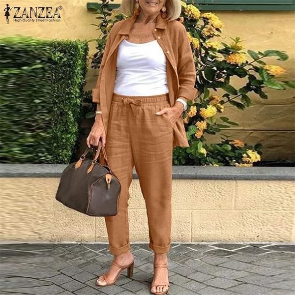 

women's two piece pants stylish woman solid suit sets zanzea long sleeve and elastic waist pants female loose casual pockets matching, White