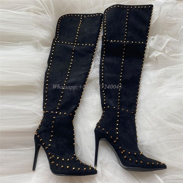 

boots autumn pointed toe sheep suede stiletto leather rivet womens boots 10cm super high heel over the knee boots 220913, Black