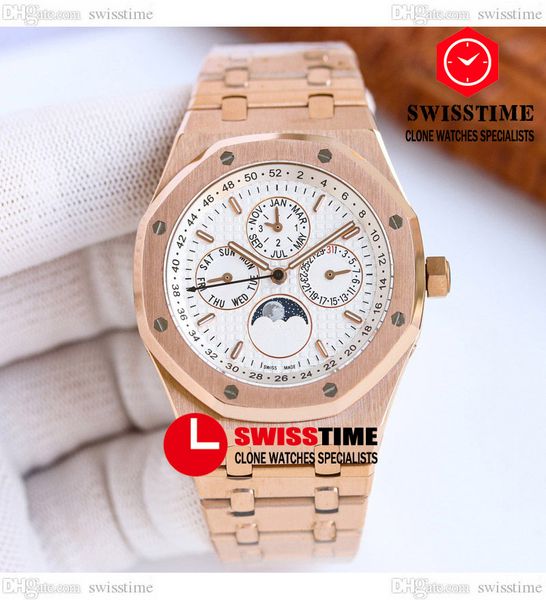 

26574 complicated function a5134 automatic mens watch hwf 41 rose gold white texture dial stick moon phase stainless steel bracelet super ed, Slivery;brown