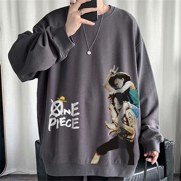 

mens hoodies sweatshirts m8xl straw hat luffy and ace print long sleeve fashion round neck loose plus size solid color sweaters couple wear, Black