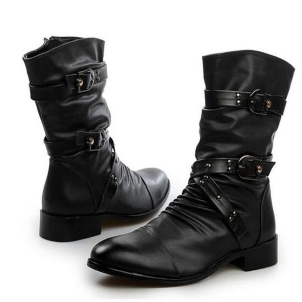 

boots men leather basic biker black punk rock shoes women size 3548 220913
