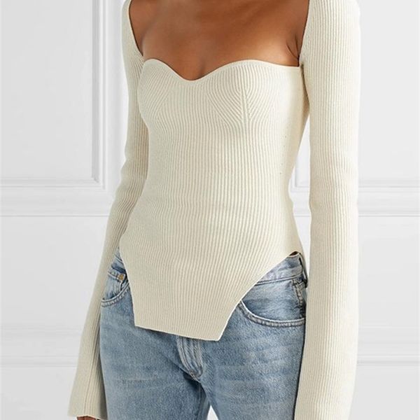 

women's knits tees spring and summer fashion women clothes sqaure collar full sleeves elastic high waist pullover wk080 220912, White