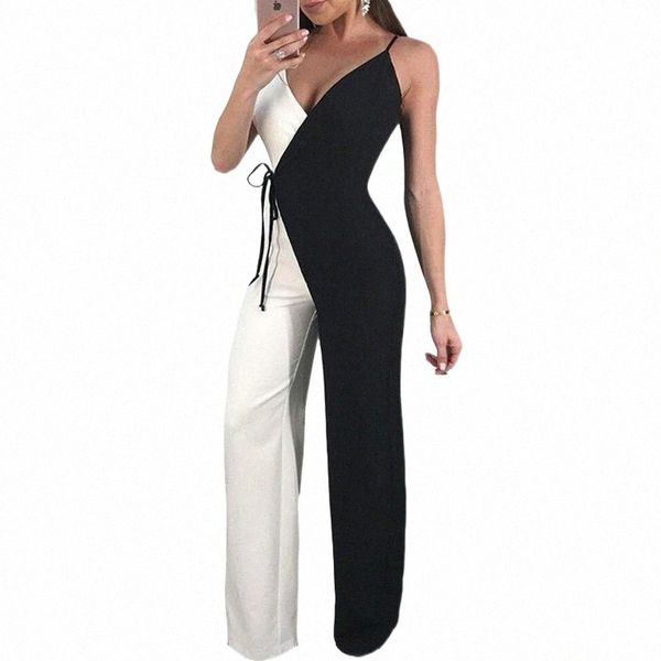 

women's jumpsuits & rompers women's jumpsuits & rompers white black patchwork wide leg jumpsuit women spaghetti strap v-neck elega, Black;white