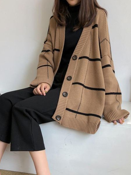 

women s sweaters tigena knitted striped cardigan women autumn winter loose v neck long sleeve single breasted sweater jacket female rebecas, White;black